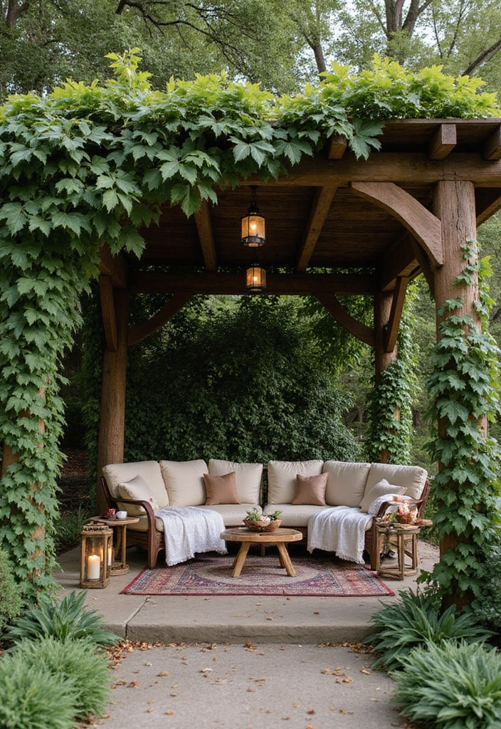 30 Cozy Garden Sitting Areas You’ll Never Want to Leave 10 30 Cozy Garden Sitting Areas You’ll Never Want to Leave - 10. Rustic Pergola Retreat