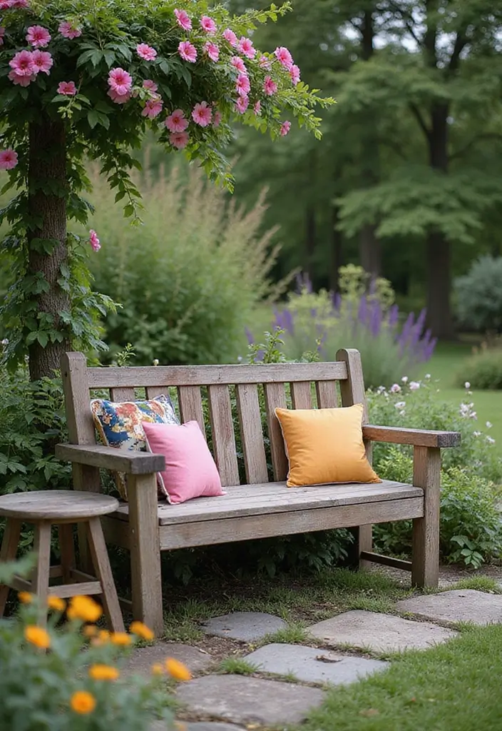 30 Cozy Garden Sitting Areas You’ll Never Want to Leave 21 30 Cozy Garden Sitting Areas You’ll Never Want to Leave - 21. Charming Rustic Bench