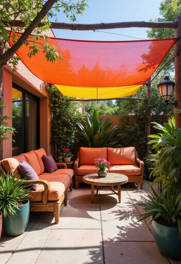 30 Cozy Garden Sitting Areas You’ll Never Want to Leave 28 30 Cozy Garden Sitting Areas You’ll Never Want to Leave - 28. Colorful Patio Canopy