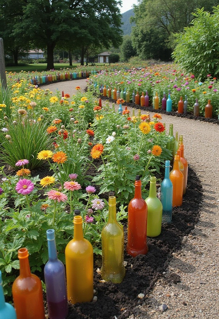 30 Garden Edging Ideas That Create a Polished Look 8 30 Garden Edging Ideas That Create a Polished Look - 8. Glass Bottle Edging