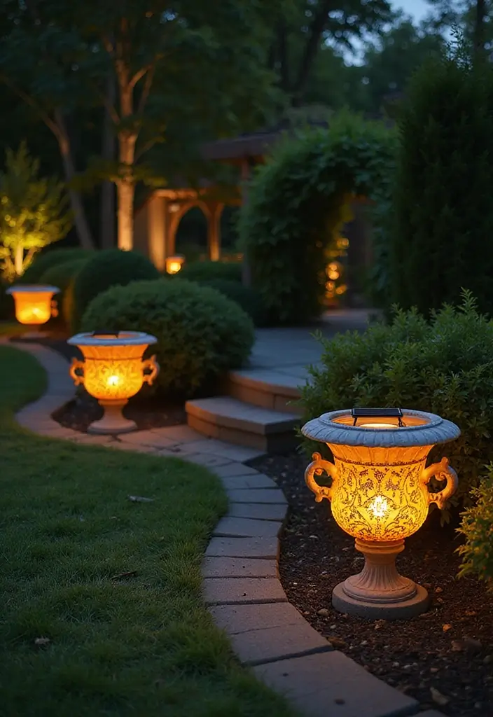 30 Garden Lighting Ideas That Make Nights Magical 29 30 Garden Lighting Ideas That Make Nights Magical - 29. Solar-Powered Decorative Urns