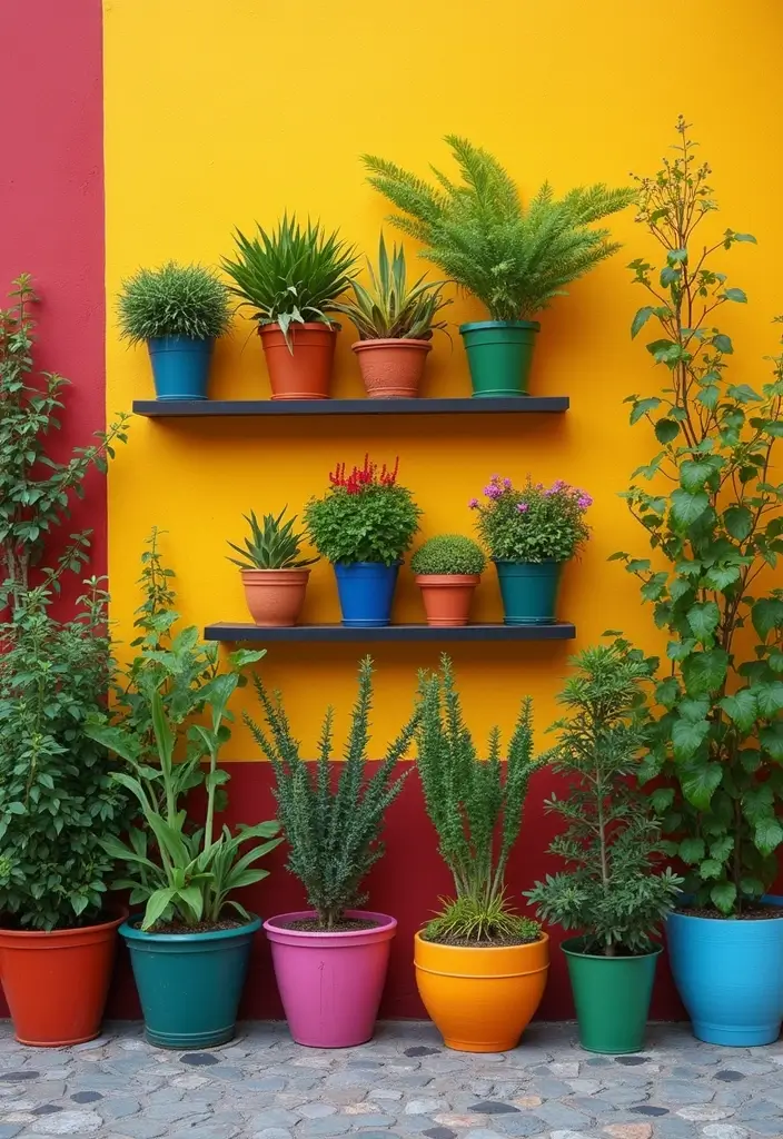 30 Garden Wall Ideas That Blend Beauty and Function 16 30 Garden Wall Ideas That Blend Beauty and Function - 16. Colorful Pot Wall
