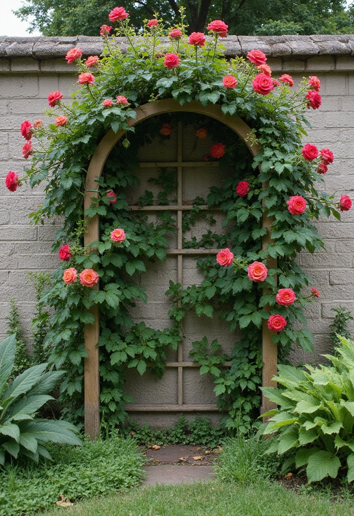 30 Garden Wall Ideas That Blend Beauty and Function 6 30 Garden Wall Ideas That Blend Beauty and Function - 6. Climbing Plants on Trellis