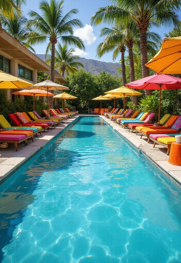 30 Garden With Pool Designs That Look Absolutely Dreamy 26 30 Garden With Pool Designs That Look Absolutely Dreamy - 26. Colorful Poolside Furnishings