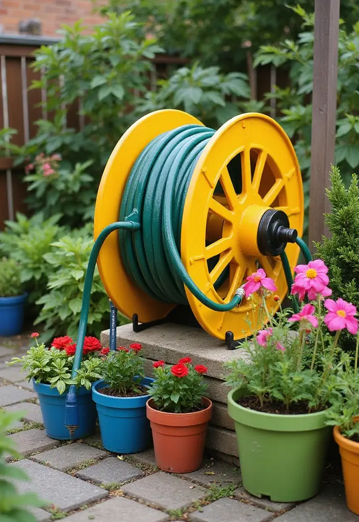 30 Homemade Garden Decorations That Are Easy and Beautiful 15 30 Homemade Garden Decorations That Are Easy and Beautiful - 15. Brightly Colored Hose Reels