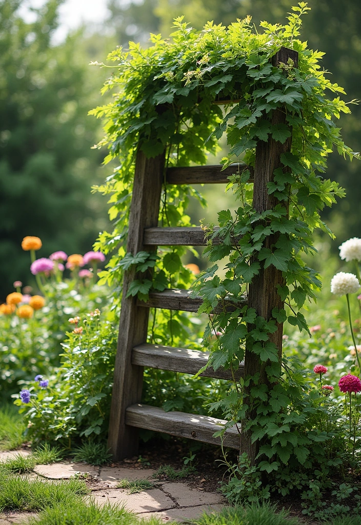 30 Homemade Garden Decorations That Are Easy and Beautiful 16 30 Homemade Garden Decorations That Are Easy and Beautiful - 16. Upcycled Ladder Trellis