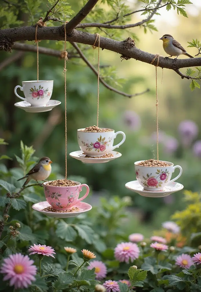 30 Homemade Garden Decorations That Are Easy and Beautiful 5 30 Homemade Garden Decorations That Are Easy and Beautiful - 5. Charming Bird Feeders from Teacups