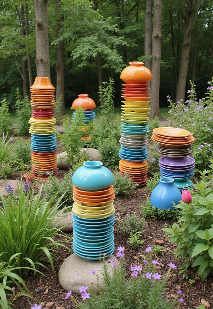 30 Homemade Garden Decorations That Are Easy and Beautiful 6 30 Homemade Garden Decorations That Are Easy and Beautiful - 6. Colorful Garden Art from Old Dishes