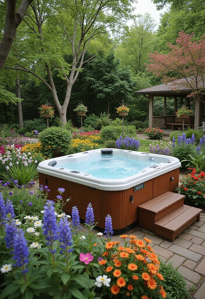30 Hot Tub Garden Ideas for the Ultimate Backyard Escape 10 30 Hot Tub Garden Ideas for the Ultimate Backyard Escape - 10. Colorful Bird-Friendly Hot Tub Garden