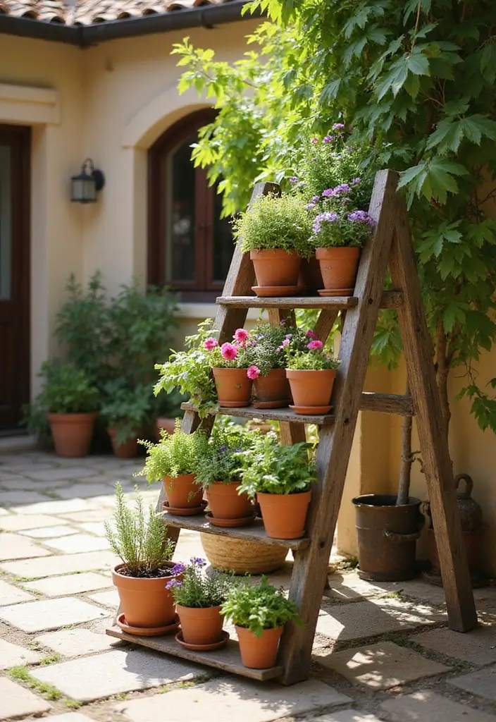 30 Small Courtyard Garden Ideas That Feel Like a Hidden Gem 4 30 Small Courtyard Garden Ideas That Feel Like a Hidden Gem - 4. Repurposed Ladder Planters