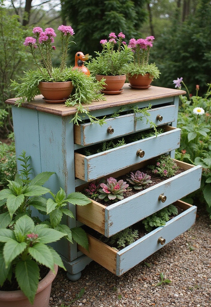 30 Small Garden Ideas on a Budget That Look Expensive 22 30 Small Garden Ideas on a Budget That Look Expensive - 22. Upcycled Furniture Planters