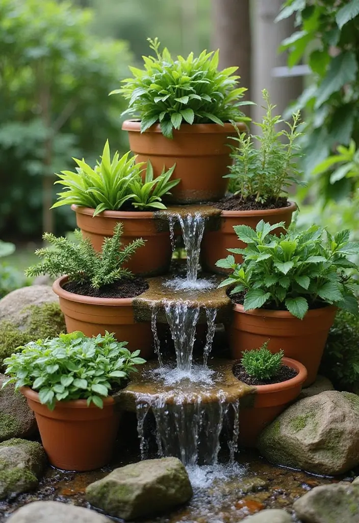 30 Small Garden Waterfall Ideas That Add Calm and Beauty 13 30 Small Garden Waterfall Ideas That Add Calm and Beauty - 13. Potted Plant Waterfall
