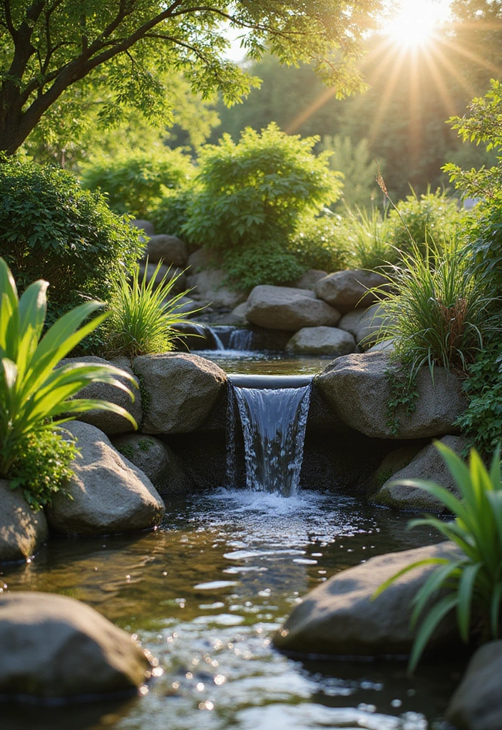 30 Small Garden Waterfall Ideas That Add Calm and Beauty 14 30 Small Garden Waterfall Ideas That Add Calm and Beauty - 14. Solar-Powered Waterfall