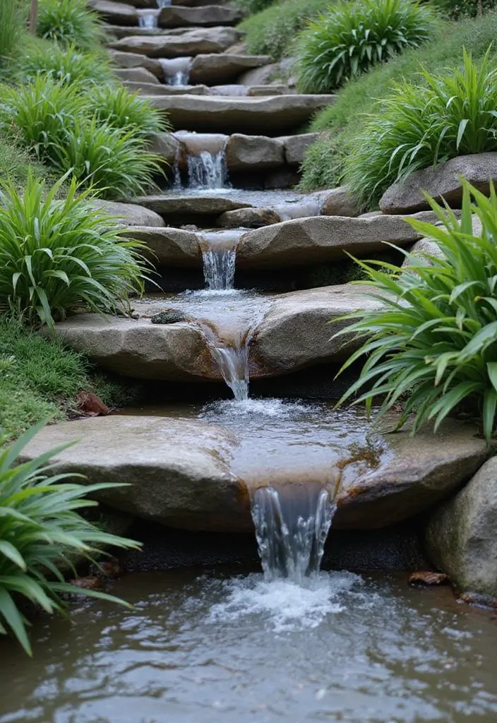30 Small Garden Waterfall Ideas That Add Calm and Beauty 15 30 Small Garden Waterfall Ideas That Add Calm and Beauty - 15. Tiered Garden Waterfall