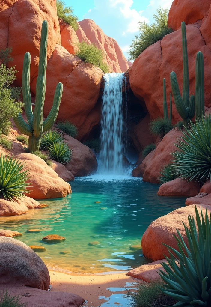 30 Small Garden Waterfall Ideas That Add Calm and Beauty 19 30 Small Garden Waterfall Ideas That Add Calm and Beauty - 19. Desert Oasis Waterfall