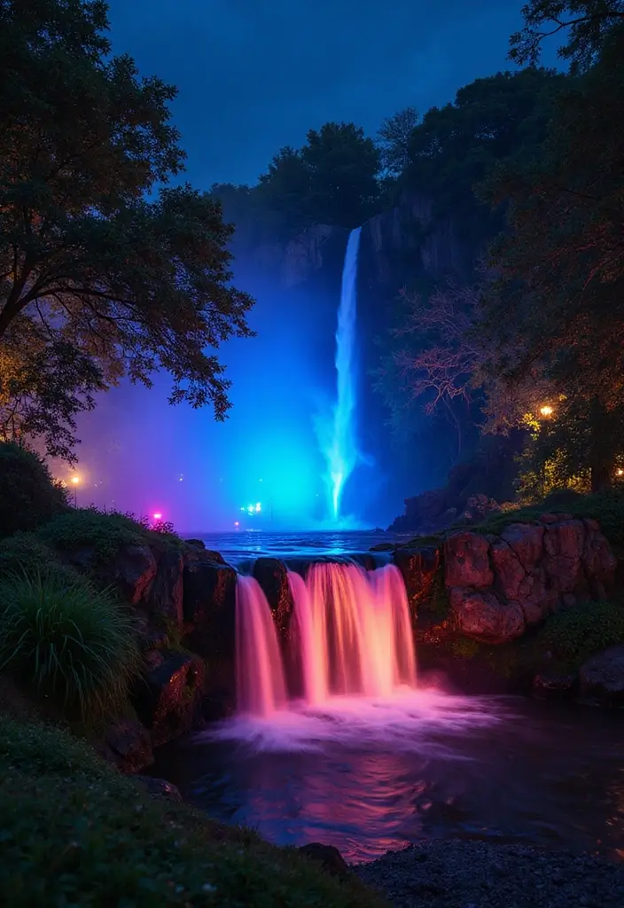 30 Small Garden Waterfall Ideas That Add Calm and Beauty 20 30 Small Garden Waterfall Ideas That Add Calm and Beauty - 20. Nighttime Waterfall