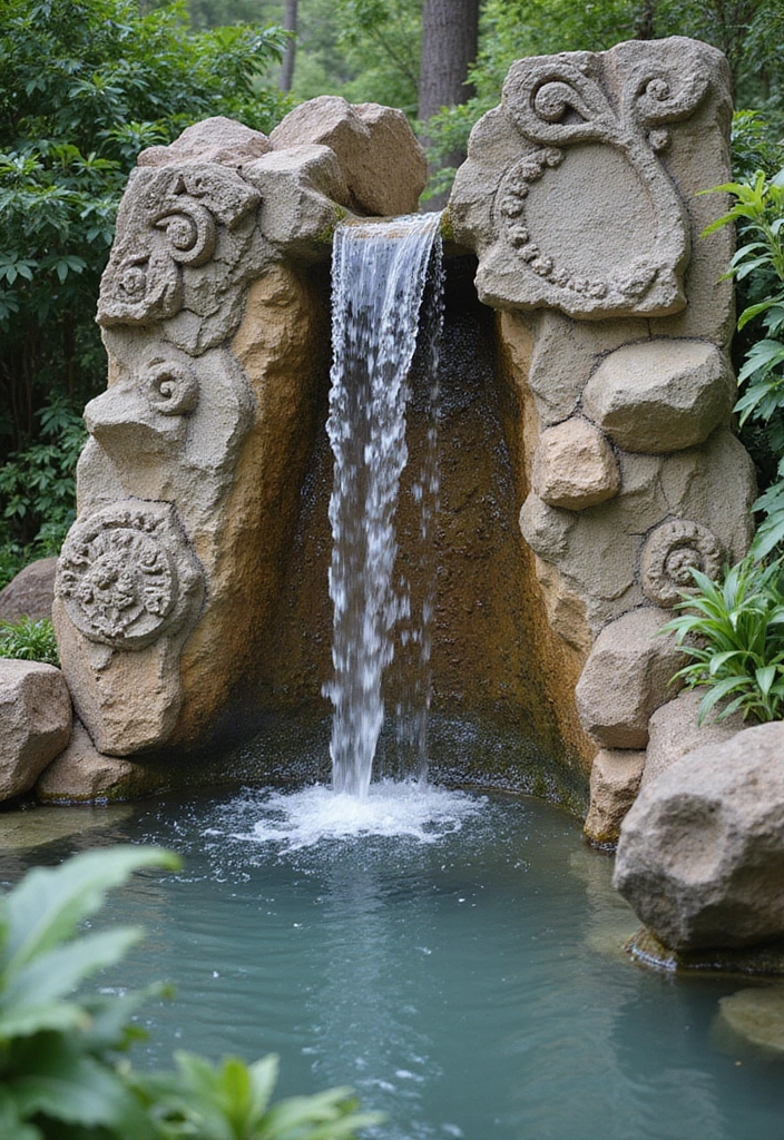30 Small Garden Waterfall Ideas That Add Calm and Beauty 21 30 Small Garden Waterfall Ideas That Add Calm and Beauty - 21. Decorative Stone Carving Waterfall