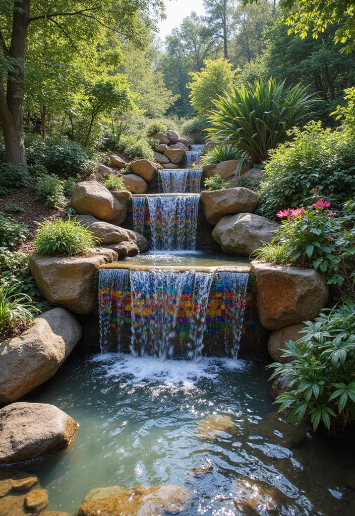 30 Small Garden Waterfall Ideas That Add Calm and Beauty 22 30 Small Garden Waterfall Ideas That Add Calm and Beauty - 22. Colorful Mosaic Waterfall