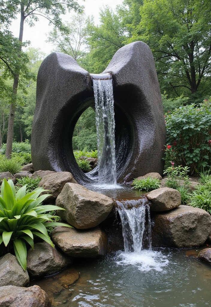 30 Small Garden Waterfall Ideas That Add Calm and Beauty 30 30 Small Garden Waterfall Ideas That Add Calm and Beauty - 30. Artistic Waterfall Sculpture