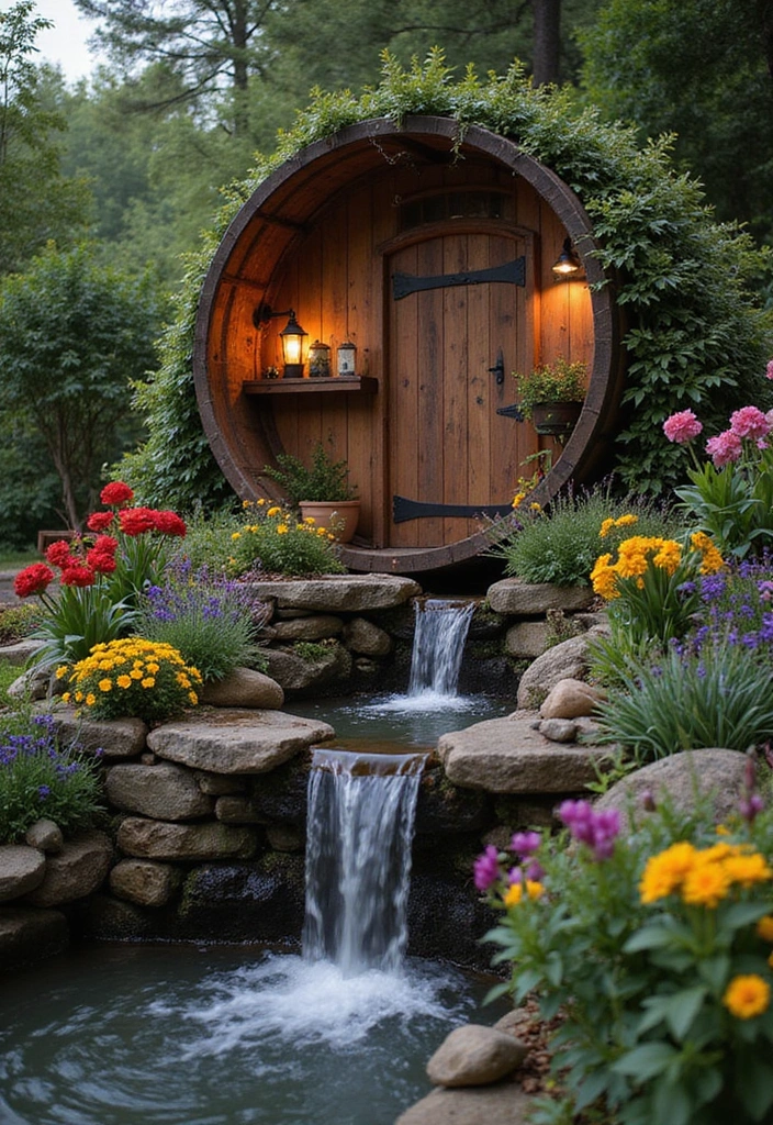 30 Small Garden Waterfall Ideas That Add Calm and Beauty 5 30 Small Garden Waterfall Ideas That Add Calm and Beauty - 5. Rustic Barrel Waterfall
