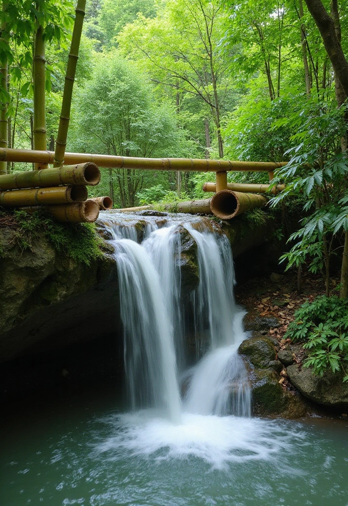30 Small Garden Waterfall Ideas That Add Calm and Beauty 8 30 Small Garden Waterfall Ideas That Add Calm and Beauty - 8. Bamboo Waterfall