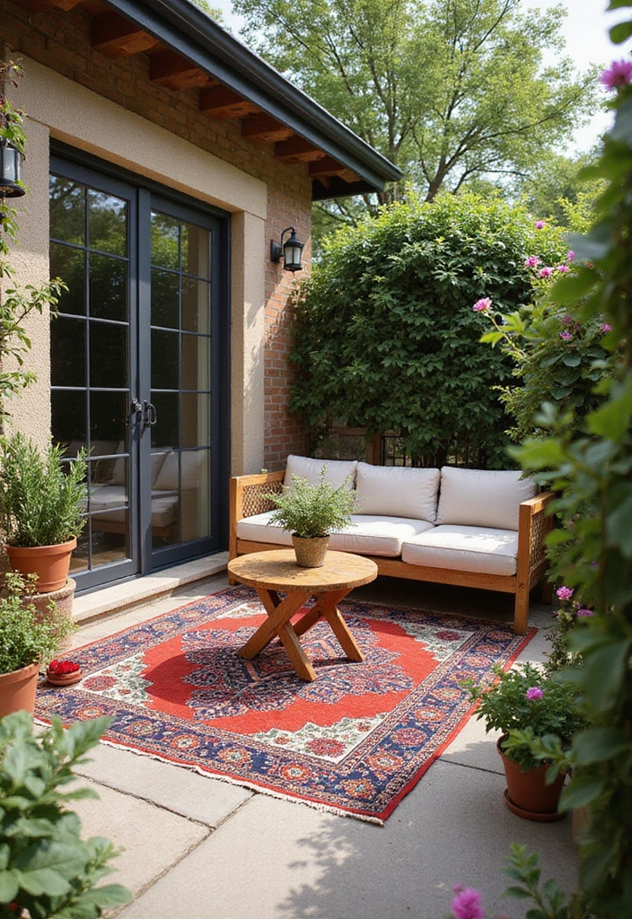 30 Small Patio Garden Ideas That Bring Big Style 27 30 Small Patio Garden Ideas That Bring Big Style - 27. Decorative Outdoor Rugs