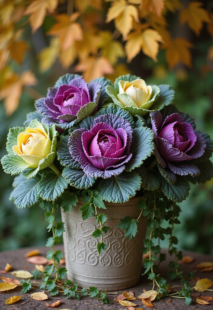 10 Fall Flower Boxes Ideas for Warm Seasonal Charm - 5. Colorful Cabbage for an Artistic Touch