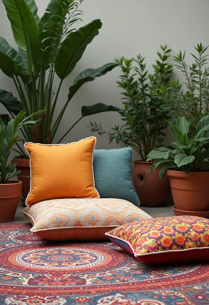 10 Patio Seating Ideas for Relaxed Everyday Use - 3. Floor Cushions and Rugs