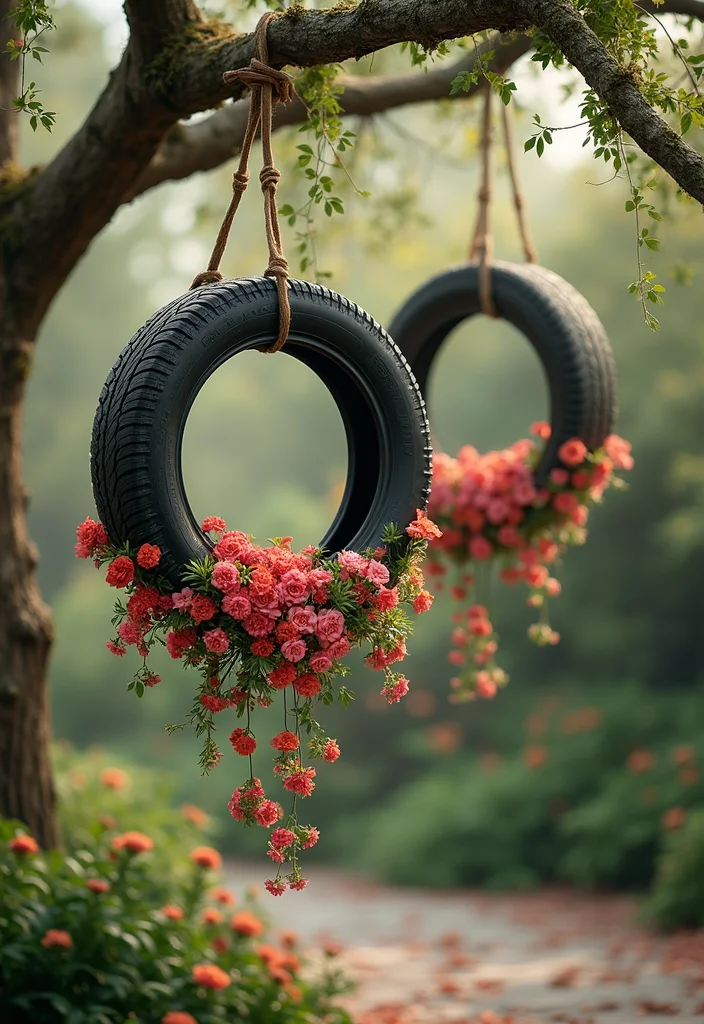10 Tyre Planter Ideas for Budget Friendly Backyard Style - 3. Hanging Tyre Planters