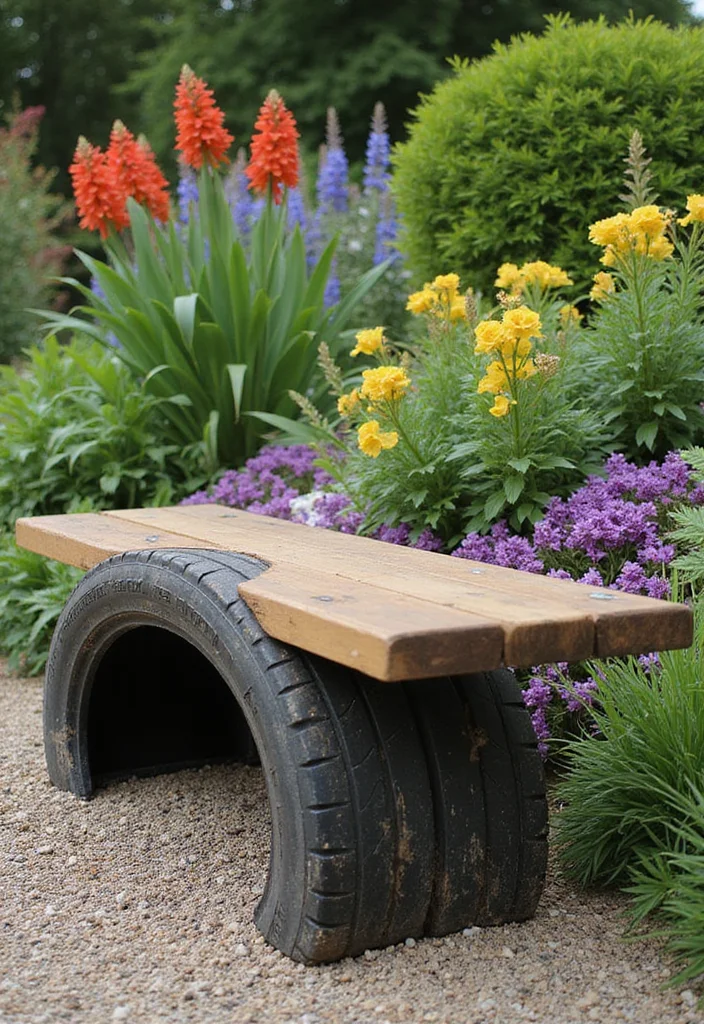 10 Tyre Planter Ideas for Budget Friendly Backyard Style - 5. Functional Tyre Bench