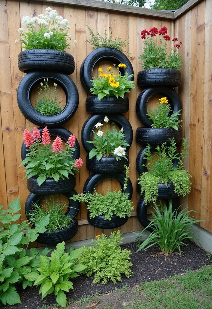 10 Tyre Planter Ideas for Budget Friendly Backyard Style - 6. Vertical Tyre Wall Planters
