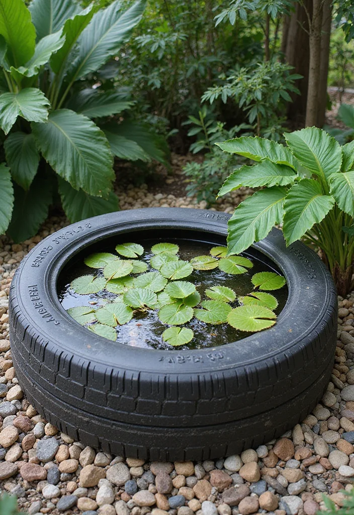 10 Tyre Planter Ideas for Budget Friendly Backyard Style - 7. Tyre Water Feature