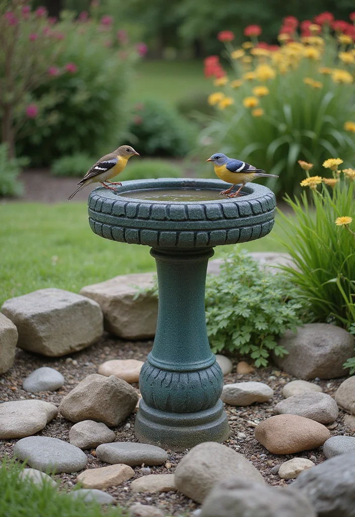 10 Tyre Planter Ideas for Budget Friendly Backyard Style - 8. Tyre Bird Bath
