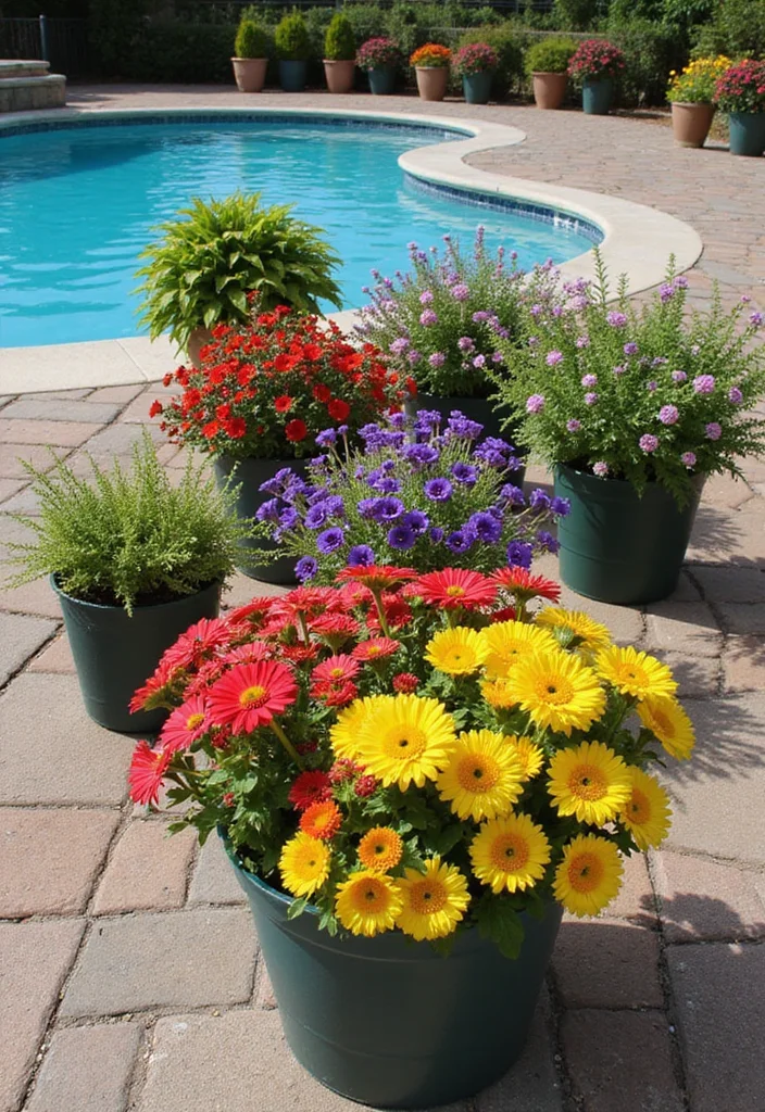 12 Patio Around Pool Ideas for a Clean Relaxing Finish - 3. Colorful Container Gardens